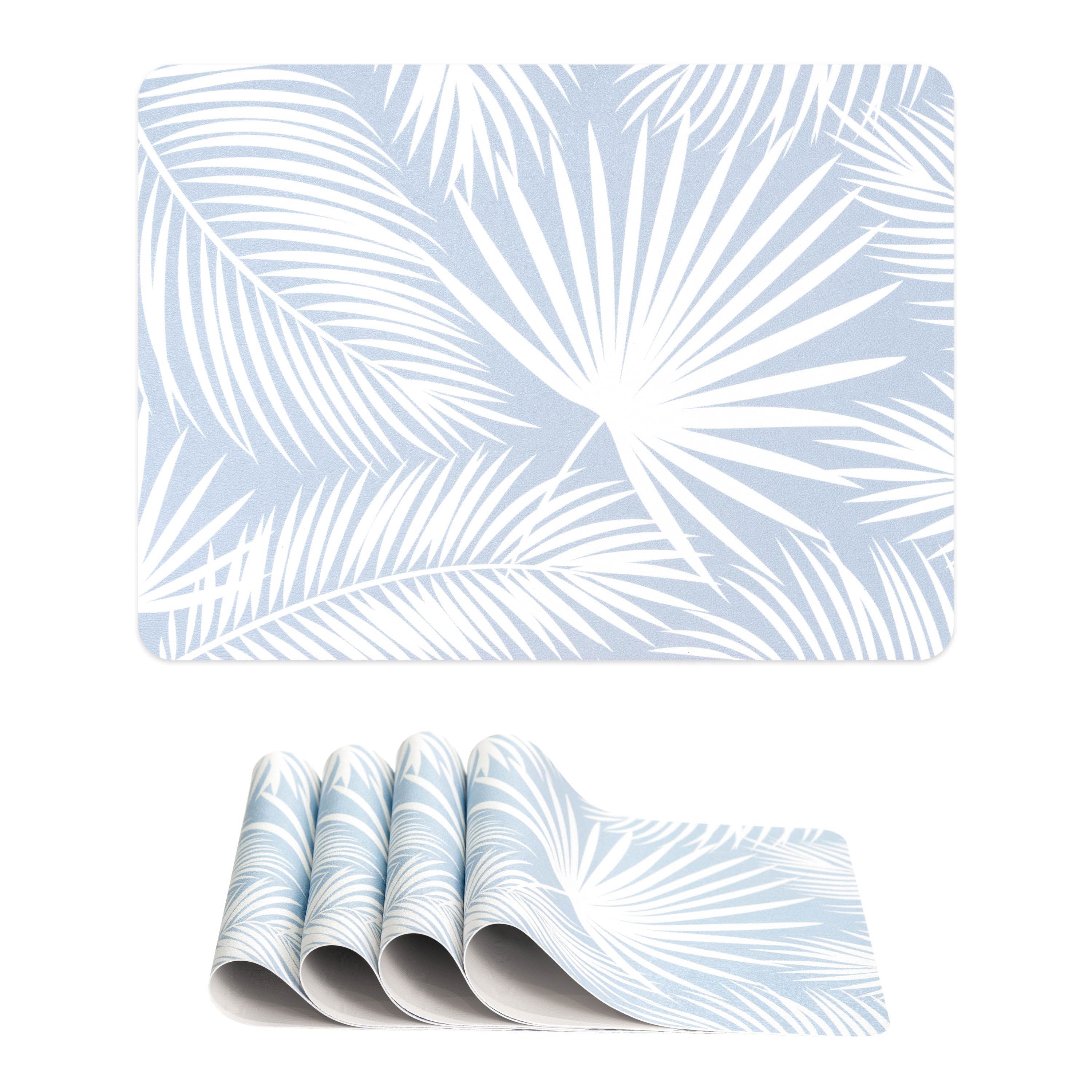 Coastal Vegan Leather Placemat, Palm Leaves, Baby Blue, 14"x19"