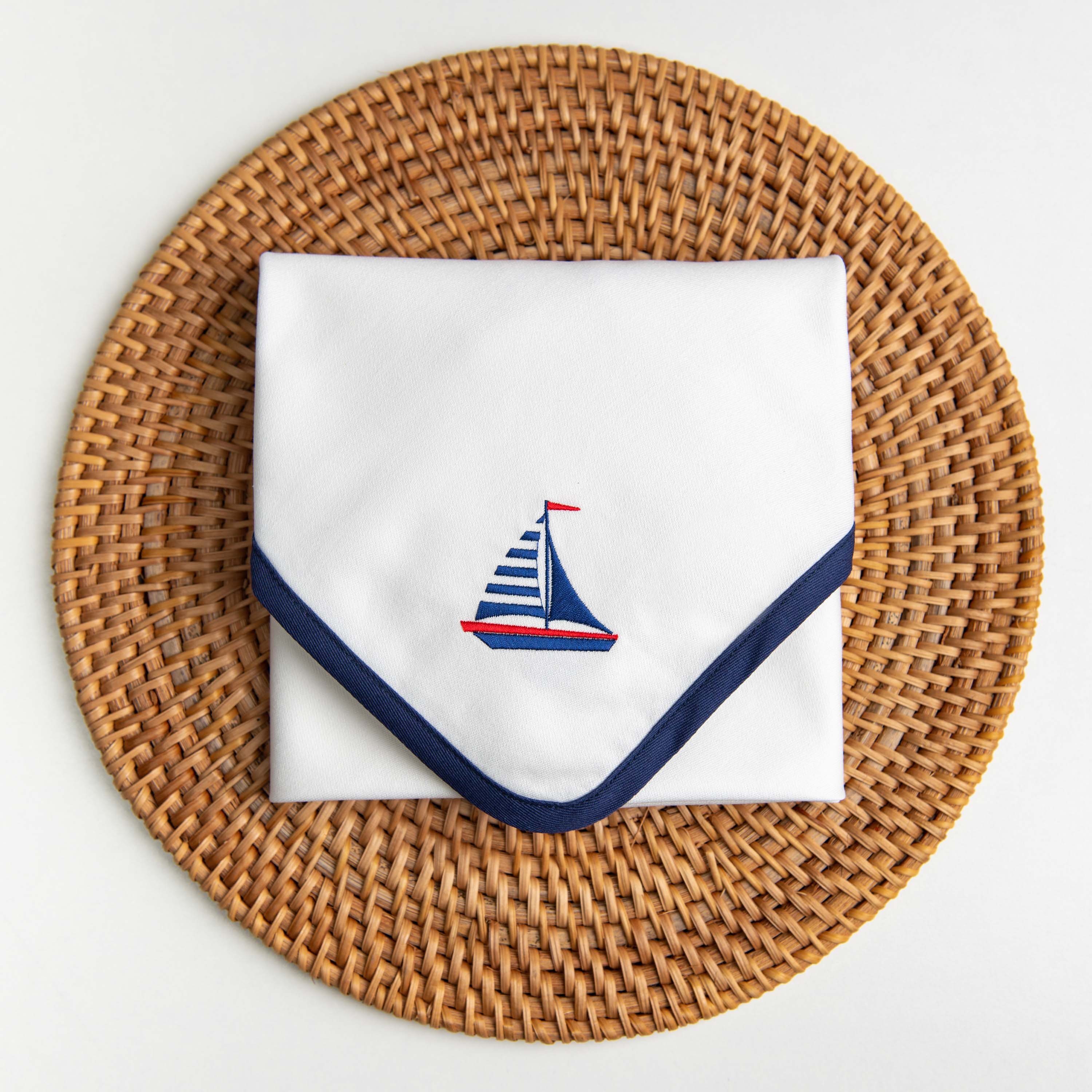 Coastal Napkin, Embroidered Nautical Yacht, Navy Blue, 20"x20"