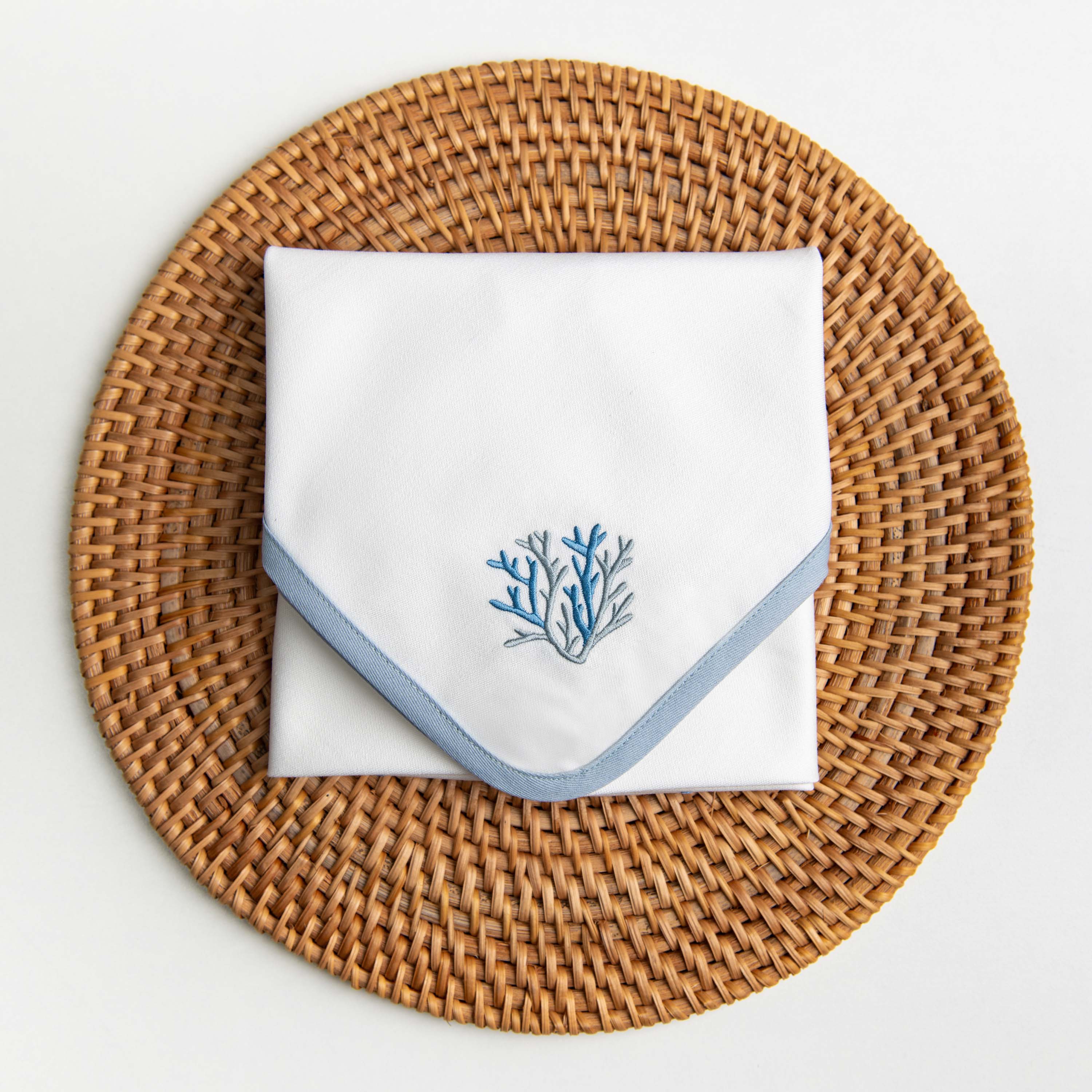 Coastal Napkin, Embroidered Coral, Baby Blue, 20"x20"