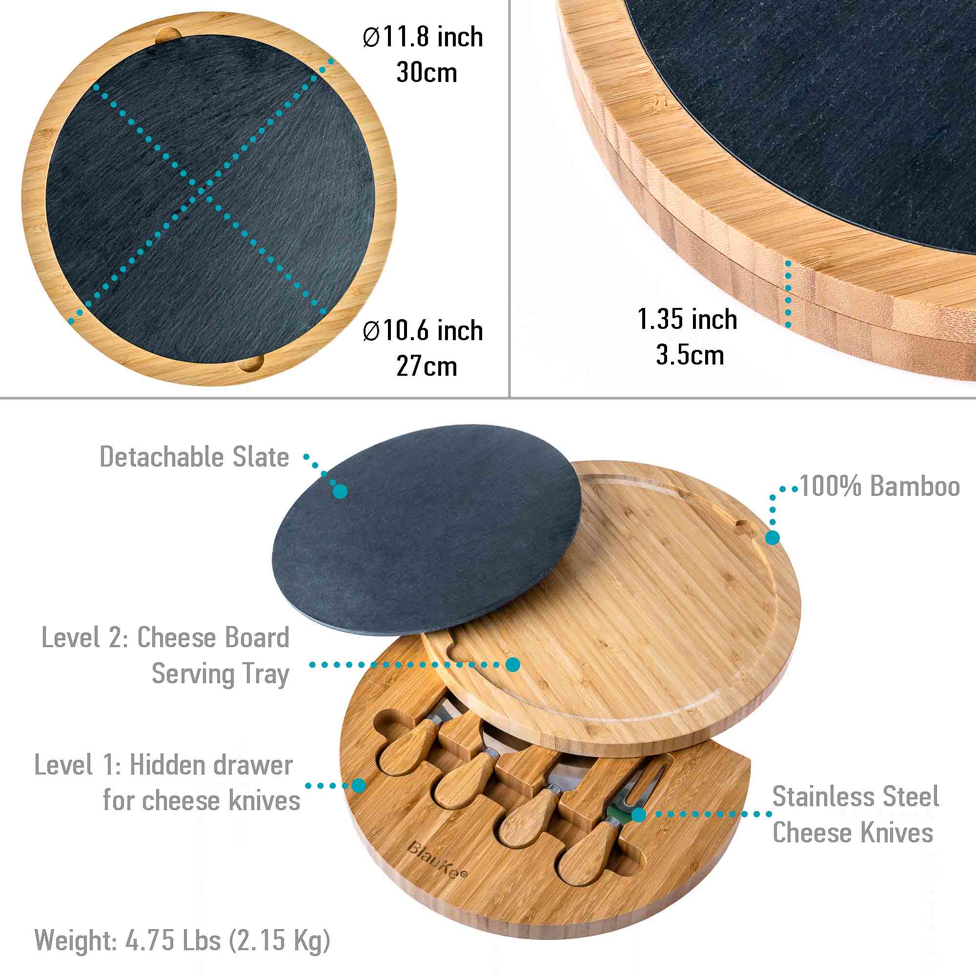 Round Bamboo Cheese Board with Knife Set and Removable Slate - 12 inch