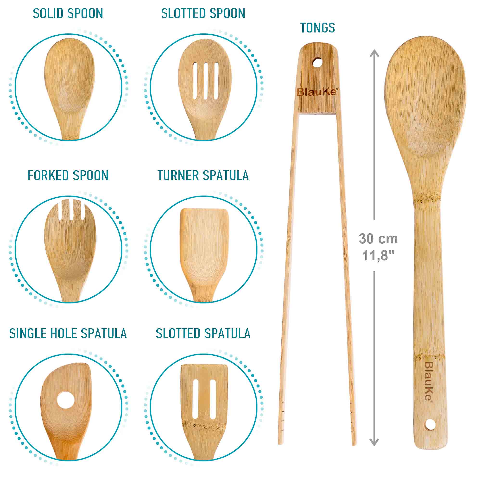 Wooden Spoons for Cooking 7-Pack - Bamboo Kitchen Utensils Set for Nonstick Cookware