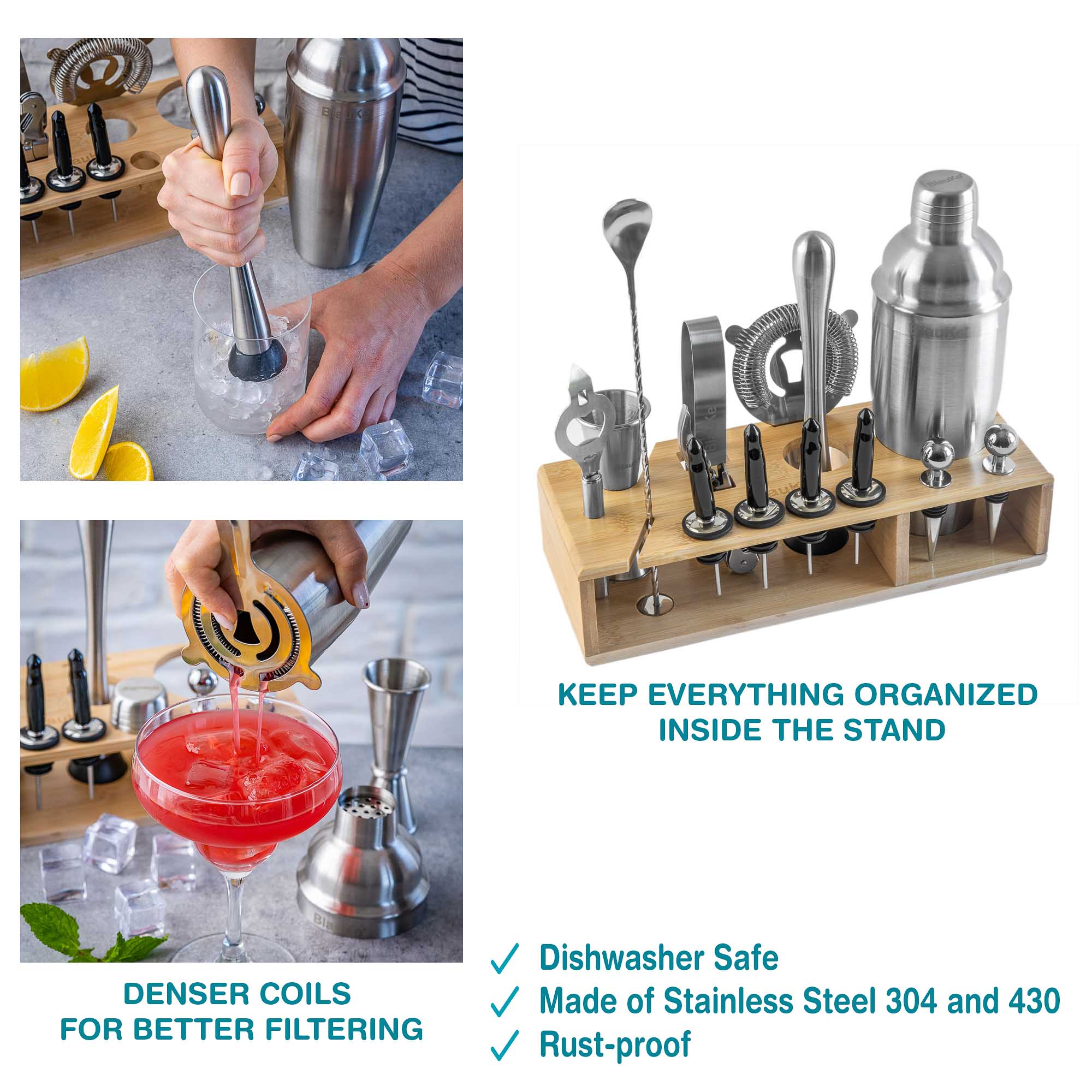 Stainless Steel Cocktail Shaker Set with Stand - 17 Piece