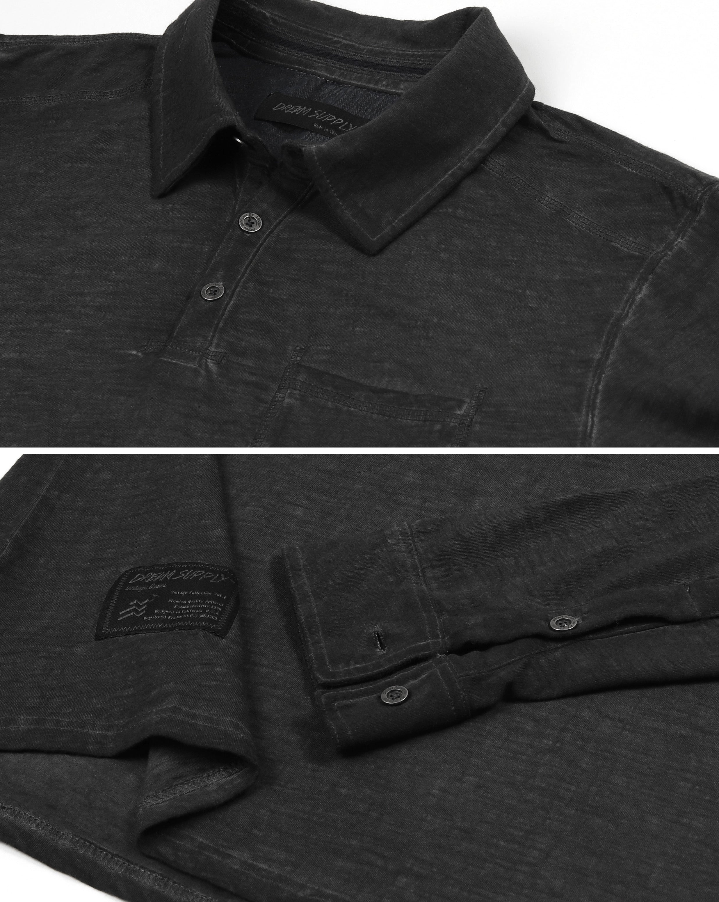 Men's Long Sleeve Oil Wash Vintage Henley Button Cuffs Pocket Polo T-Shirt