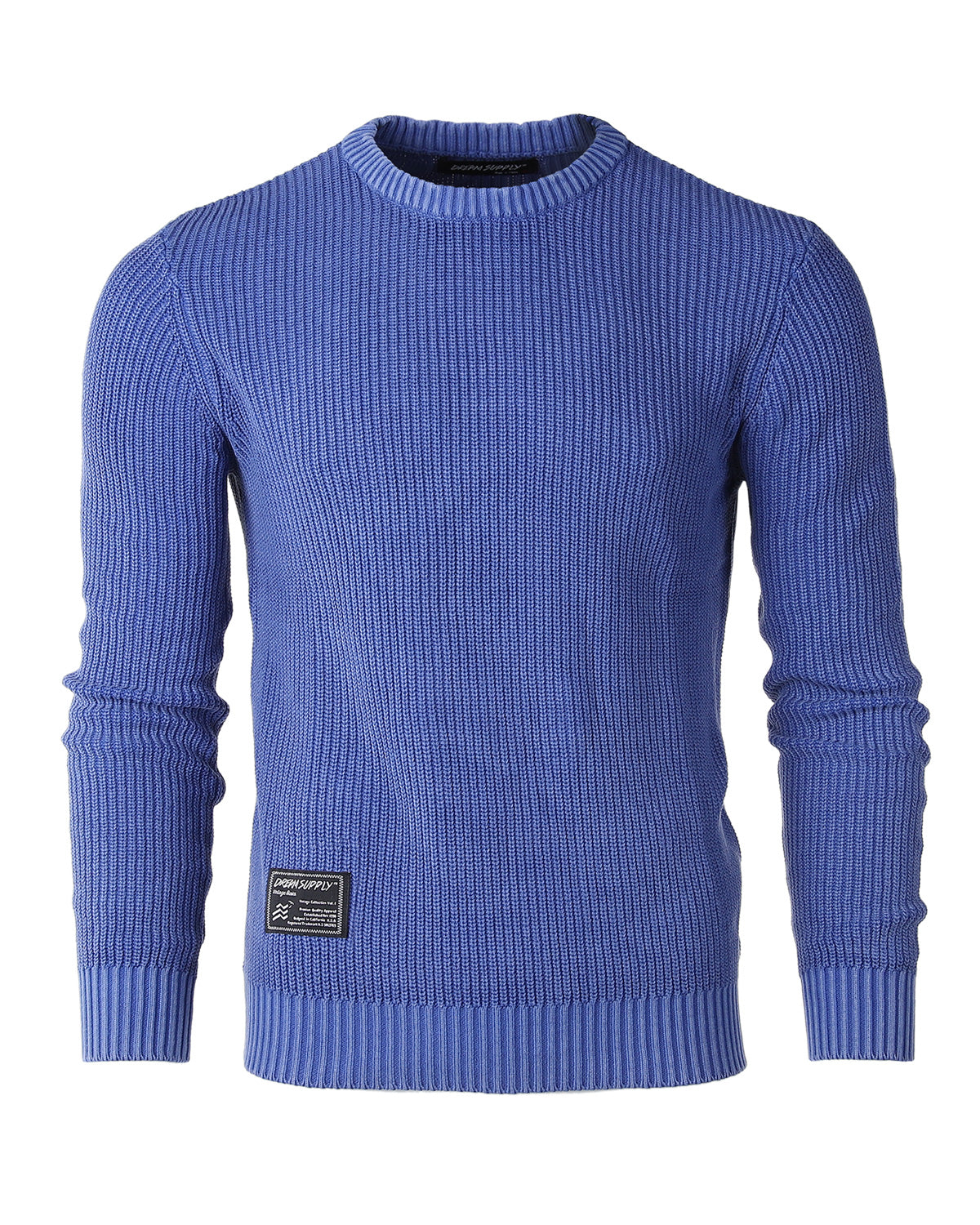 Men's Long Sleeve Stone Washed Vintage Crewneck Pullover Sweater Blue