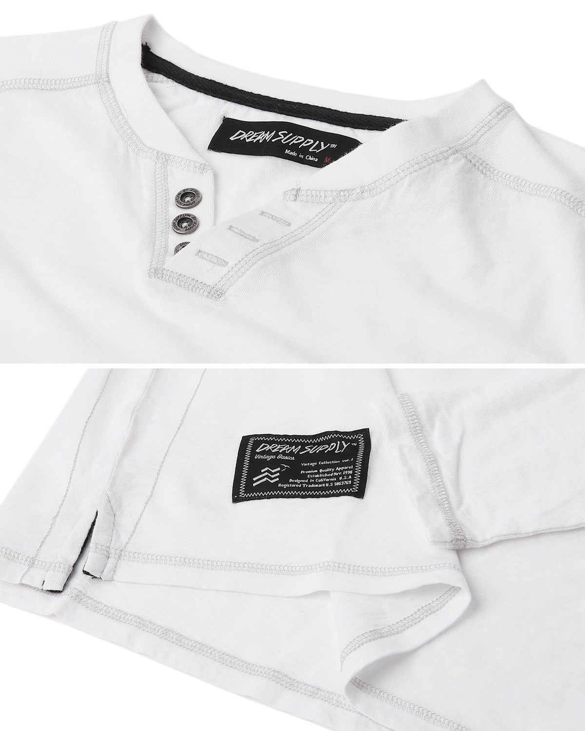 Men's Long Sleeve V-Neck Henley Oil Wash Contrast Seam Vintage Shirt - Silver Grey