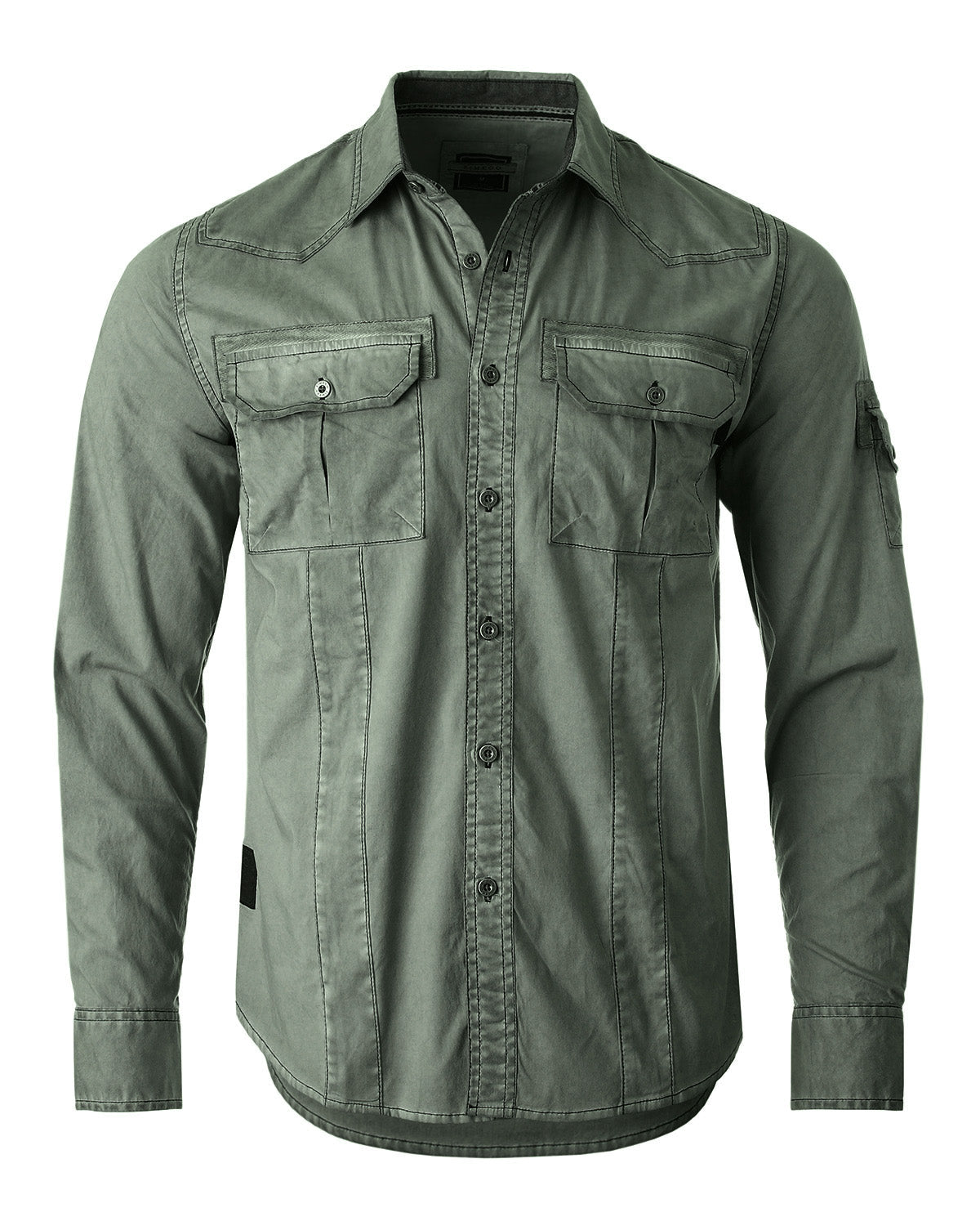 Men's Stretch Flex Slim Color Washed Vintage Rugged Button Shirt Army Green