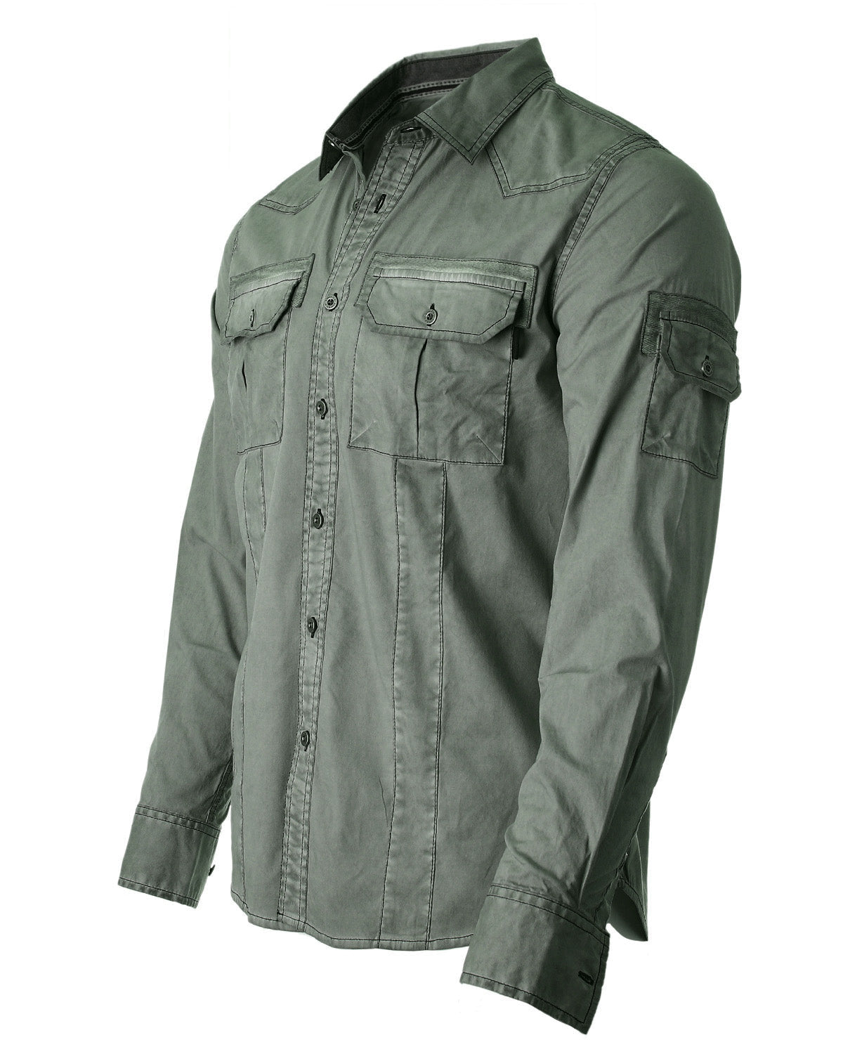 Men's Stretch Flex Slim Color Washed Vintage Rugged Button Shirt Army Green