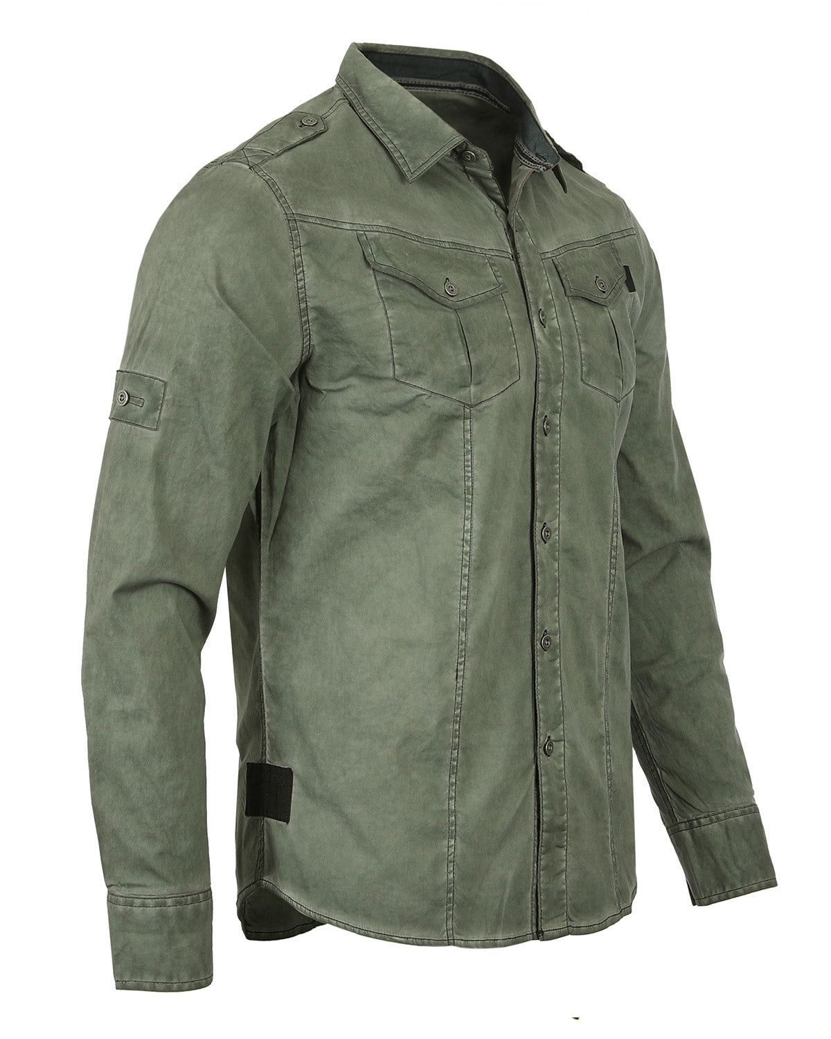 Men's Stretch Roll-Up Sleeve Color Washed Vintage Rugged Button Shirt Army Green