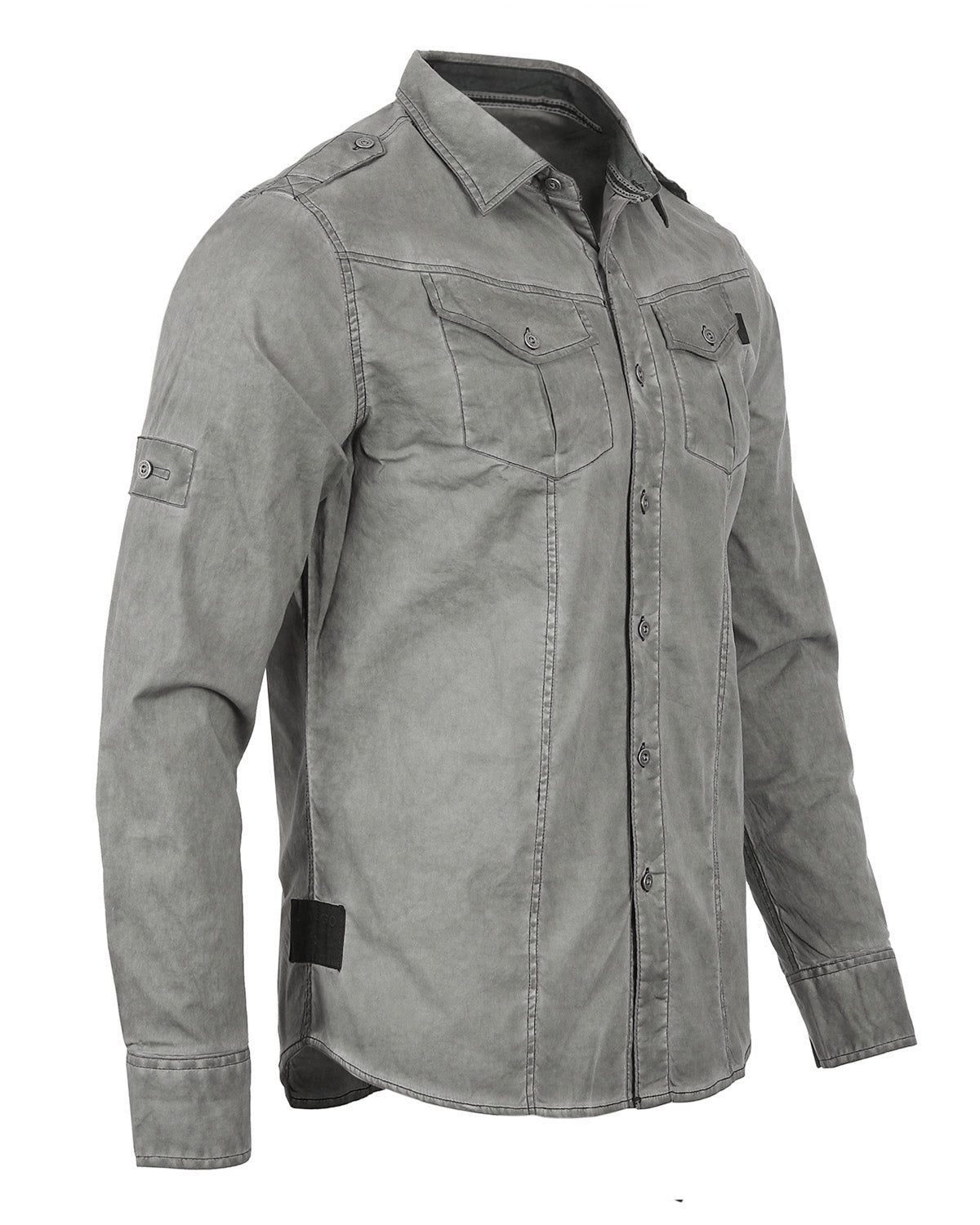 Men's Stretch Roll-Up Sleeve Color Washed Vintage Rugged Button Shirt Grey