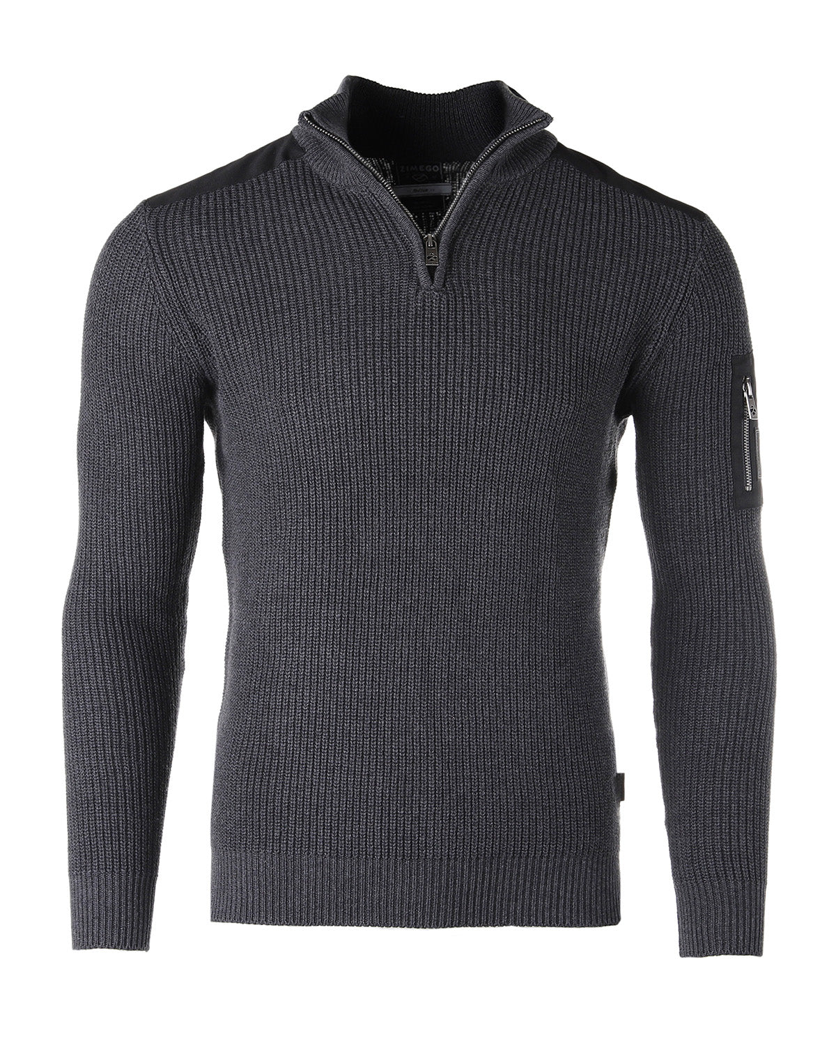 Men's Long Sleeve Pullover Quarter Zip Mock Neck Polo Sweater with Pocket Charcoal